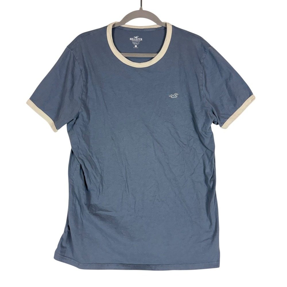 Hollister Shirt Mens XL Blue Ringer Muscle Fit Logo Tee Tagless Cotton Crewneck
